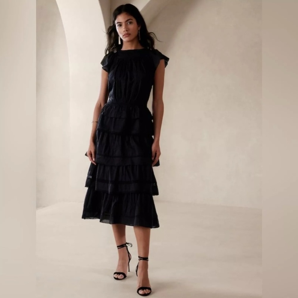 Banana Republic Selene - Black Tiered Midi Dress with Flutter Cap Sleeves